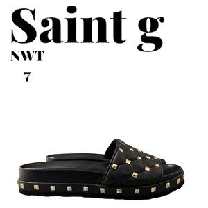Saint G - Black Quilted Slides with Gold Rhinestones -  7